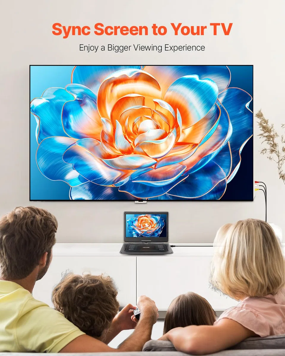VEVOR tragbarer DVD-Player mit drehbarem HD-Bildschirm (396 mm), eingebauter Akku mit 4,5-5 Std. Laufzeit, 2 Lautsprecher, unterstützt Synchronisierung von TV/USB/SD-Karte/CD/DVD, Autoladegerät