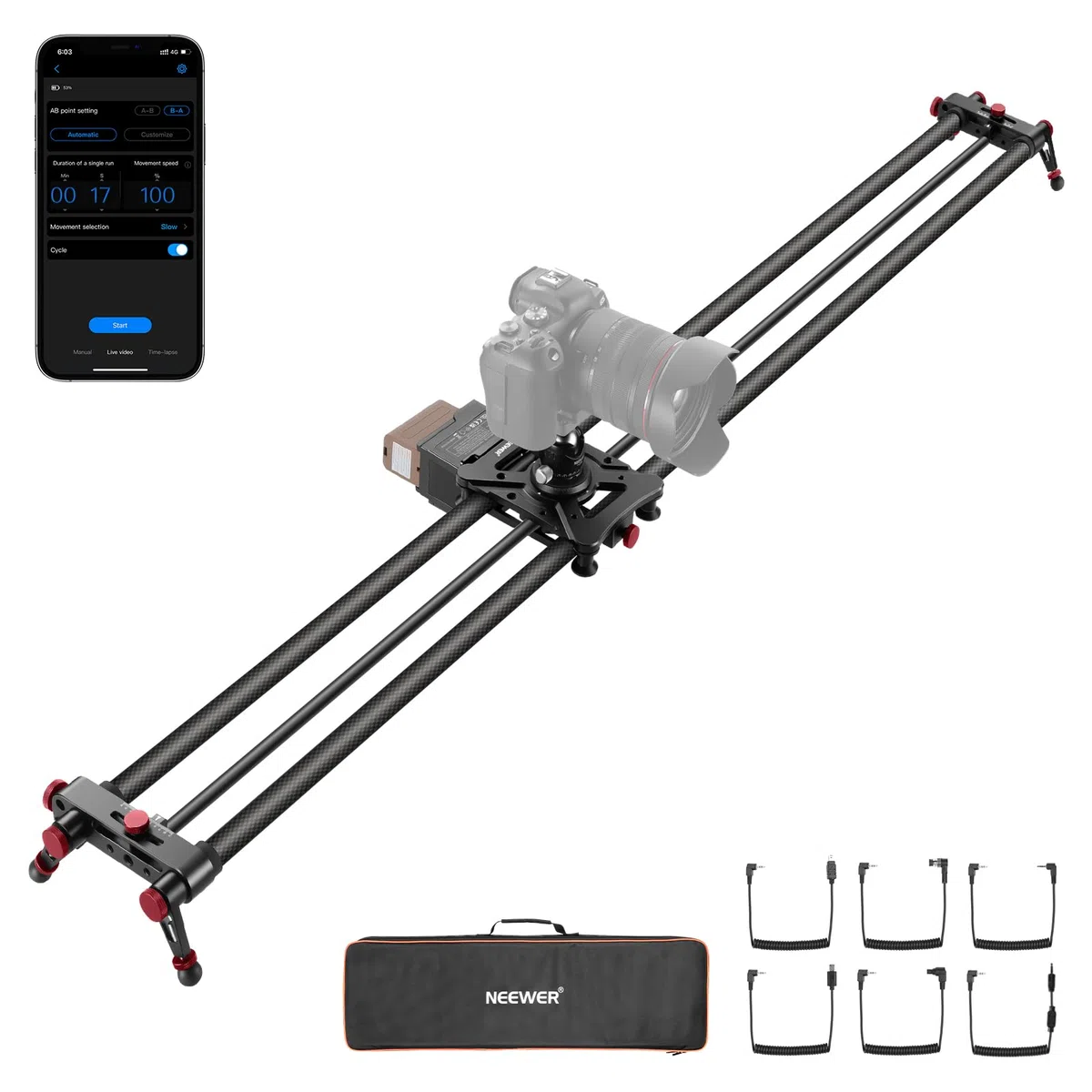 NEEWER 120cm motorisierter Kamera Slider, Drahtlose App Steuerung, Kohlefaser DSLR Dolly Slider mit 4400mAh F750 Akku (Ladegerät Nicht inklusive), unterstützt Video Modus, Zeitraffer Fotografie, ER1