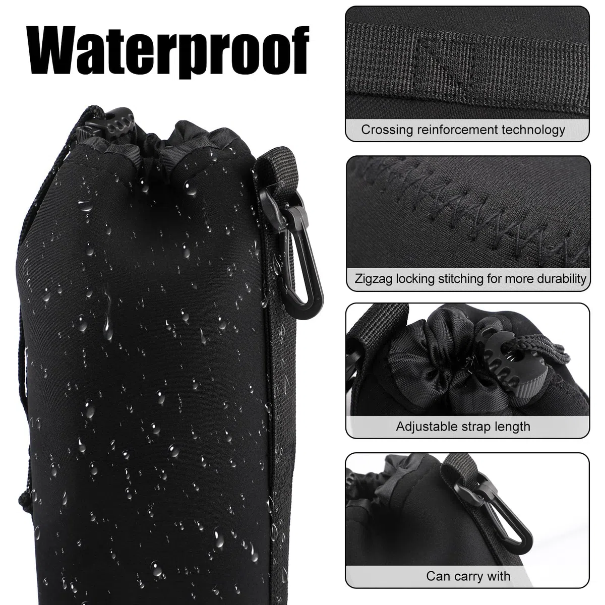 4 Stück Objektivtasche Set aus Neopren Objektivbeutel in 4 Größen,Schwarz mit Kordelzug, Kamerazubehör Schutz für Kamera Objektiv,weiche Schutzbeutel für DSLR Zubehör Canon Nikon Sony Pentax Olympus