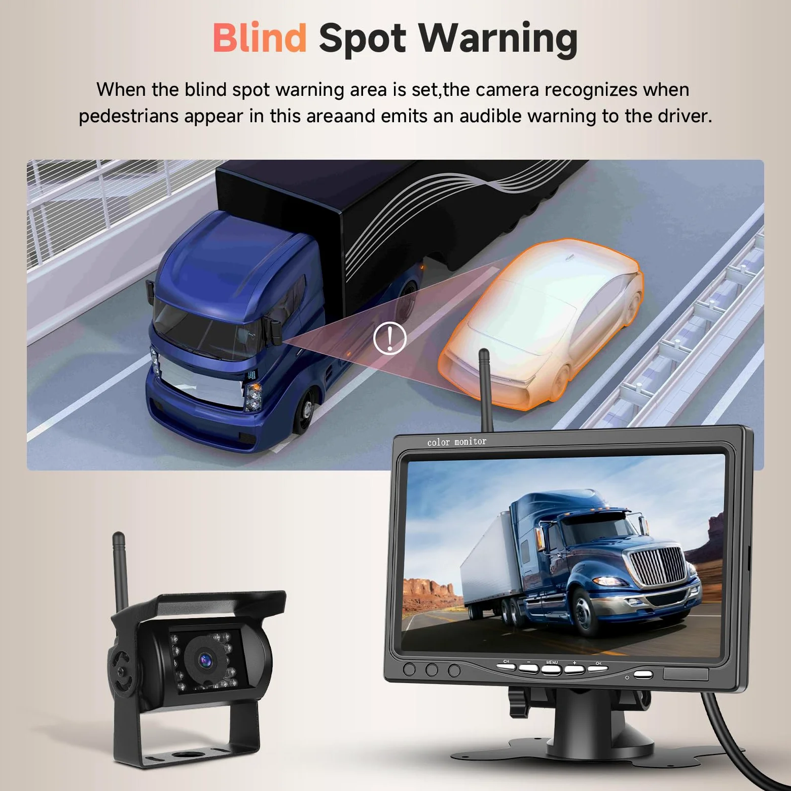 Kabelloses Rückfahrkamera Set HD 1080P, Podofo 7-Zoll Monitor mit Kabelloser Rückfahrkamera für Anhänger, Wohnmobil, LKW, Auto, Bus, IP68 wasserdicht, Nachtsicht, BSD, 12V-36V