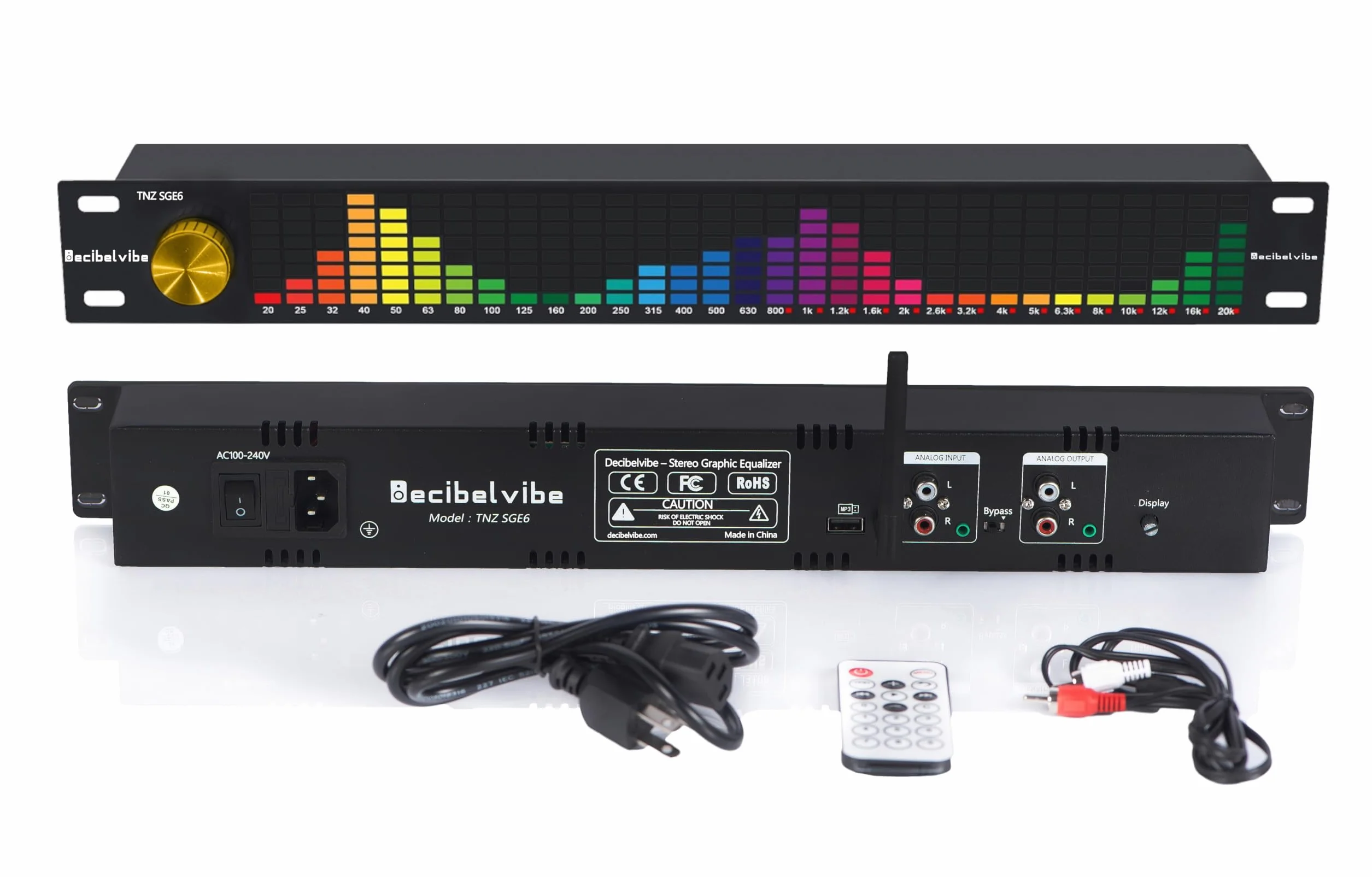 Decibelvibe TNZ SGE6 – Audio-Grafik-Equalizer mit Eingang / Ausgang RCA-Klinke 3,5, kabelloser Eingang über ein integriertes Mikrofon, USB- und Bluetooth-Eingang, Audio-Vorverstärker für