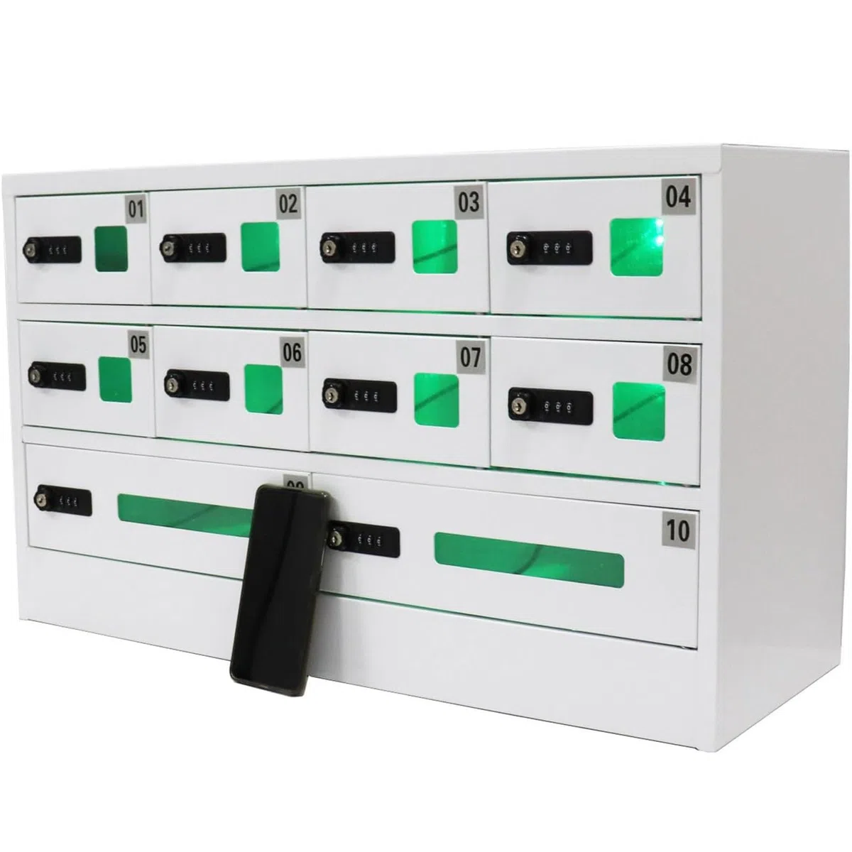 Handy-Schließfach Mit 10 Steckplätzen, USB-Ladestation, 3-in-1-Ladekabel, Zahlenschloss Und Qc3.0-Schnellladefunktion Für Büro Und Klassenzimmer