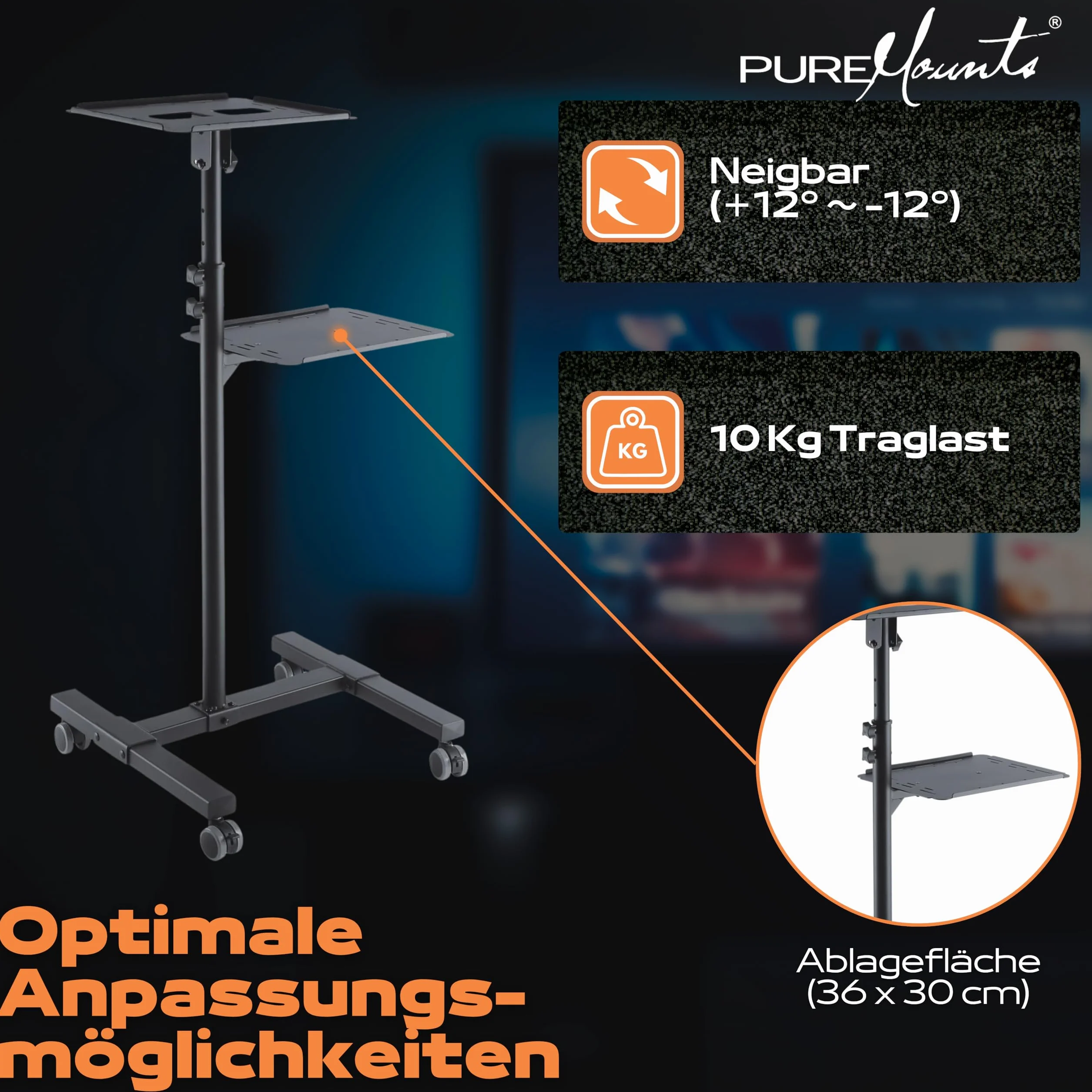 PureMounts PM-PCART-10 - Neigbarer Projektionswagen/Projektionstisch für Beamer und Projektor, flexibel einstellbar (950mm bis 1450mm), feststellbare Rollen, Tragkraft 10kg, Farbe schwarz