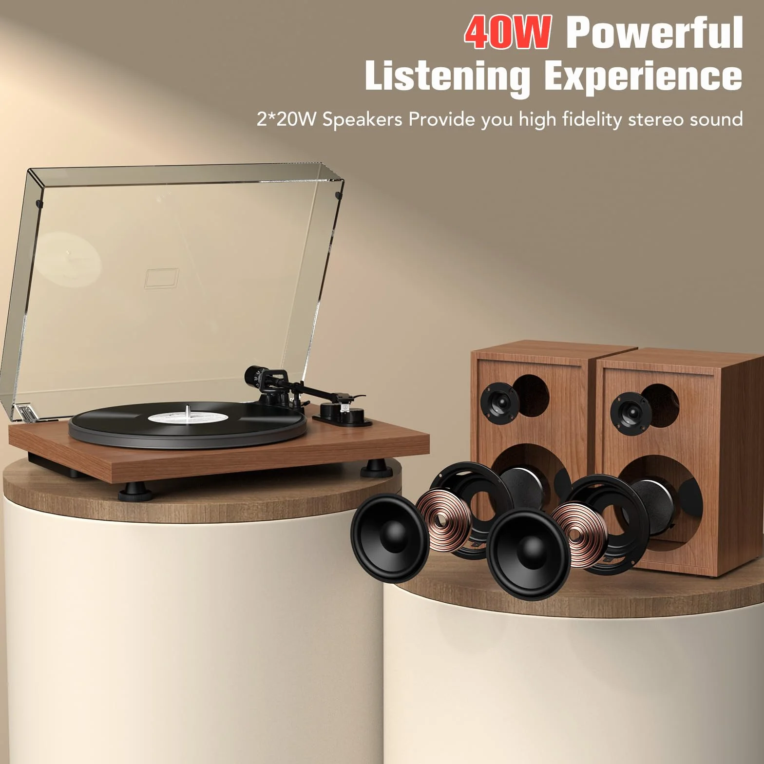 Udreamer Plattenspieler mit Integriertem Vorverstärker, Hi-Fi-System mit 40-W-Regallautsprechern, Bluetooth, Aluminium-Plattenteller, Riemenantrieb mit 2 Geschwindigkeiten, AT-3600L Braun