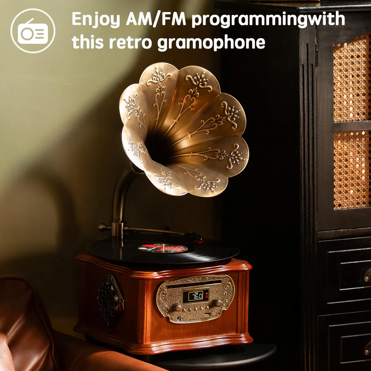 Holz Retro Plattenspieler mit Bluetooth, Grammophon und CD-Wiedergabe, Radio & Fernbedienung