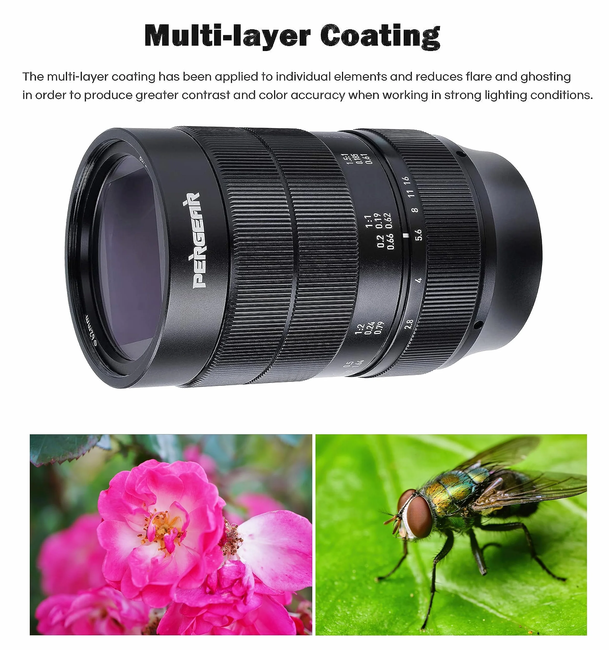 PERGEAR 60mm F2.8 II Vollformat-Makro Objektiv mit 2-facher Vergrößerung für Sony E-Mount, Manueller Fokus und Große Blende, Kompatibel mit spiegellosen Sony E-Mount-Kameras Alpha a7 a7II a7III a7R