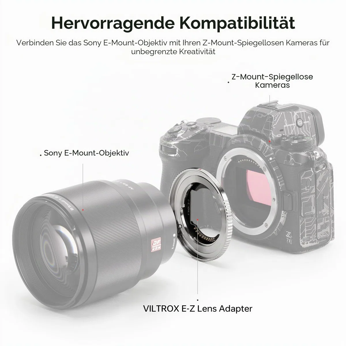 VILTROX E-Z Objektivadapter, ultradünner 4mm Autofokus Ring Mount Adapter, Objektivkonverter, kompatibel mit E-Mount-Objektiven für spiegellose Nikon Z-Mount-Kameras Z5 Z50 Z6 Z6II Z7 Z7II Zfc