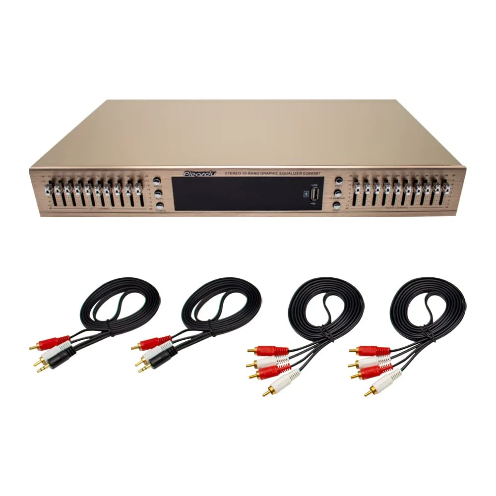 Toplionace EQ665 Stereo Equalizer, 220V HiFi Home EQ Equalizer Dual-10 Band-Stereo Höhen Alt Bass Regelung mit Integriertem Bluetooth (EQ665, Golden)