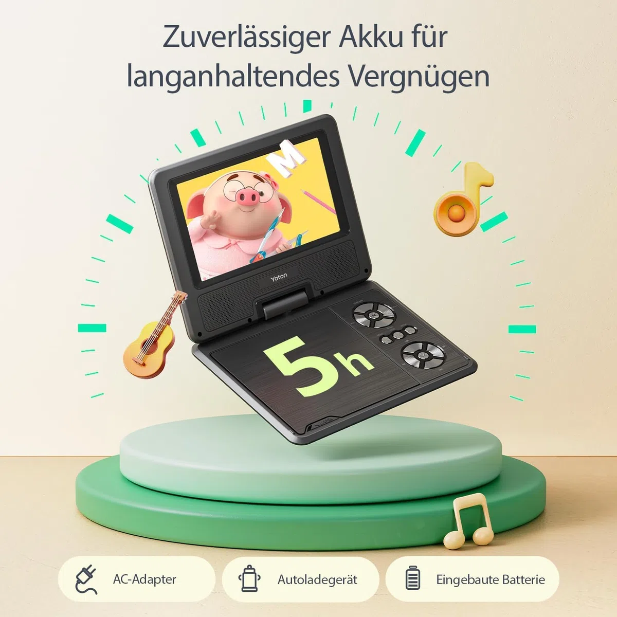 9.5" Tragbarer DVD Player mit 7.5" HD Schwenkbildschirm für Auto und Kinder, 4-6 Stunden Betriebszeit mit eingebautem Akku, Unterstützung für Kopfhörer/AV-IN/AV-Out/USB [Kein Blu-ray Support]