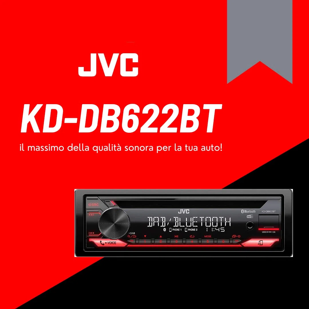 JVC KD-DB622BT CD-Autoradio mit DAB+ und Bluetooth Freisprecheinrichtung (Soundprozessor, USB, AUX-In, Spotify Control, 4 x 50 Watt, rote Tastenbeleuchtung, Ohne Antenne)