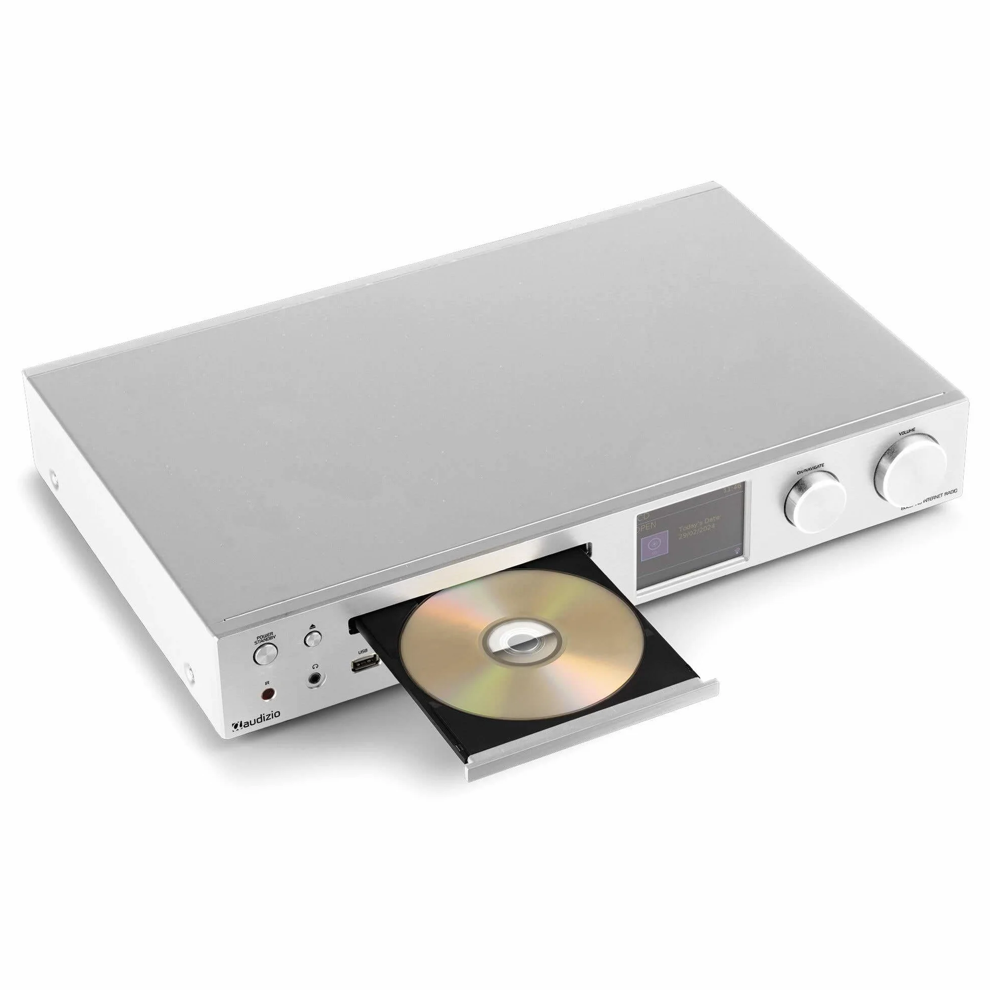 Audizio Bolzano, Internetradio WLAN, DAB Radio mit CD-Player, Spotify Player, Receiver 2x50 Watt, Bluetooth, Wecker, Fernbedienung, App-Steuerung, Toslink, Subwoofer-Anschluss, DAB+ FM, Silber