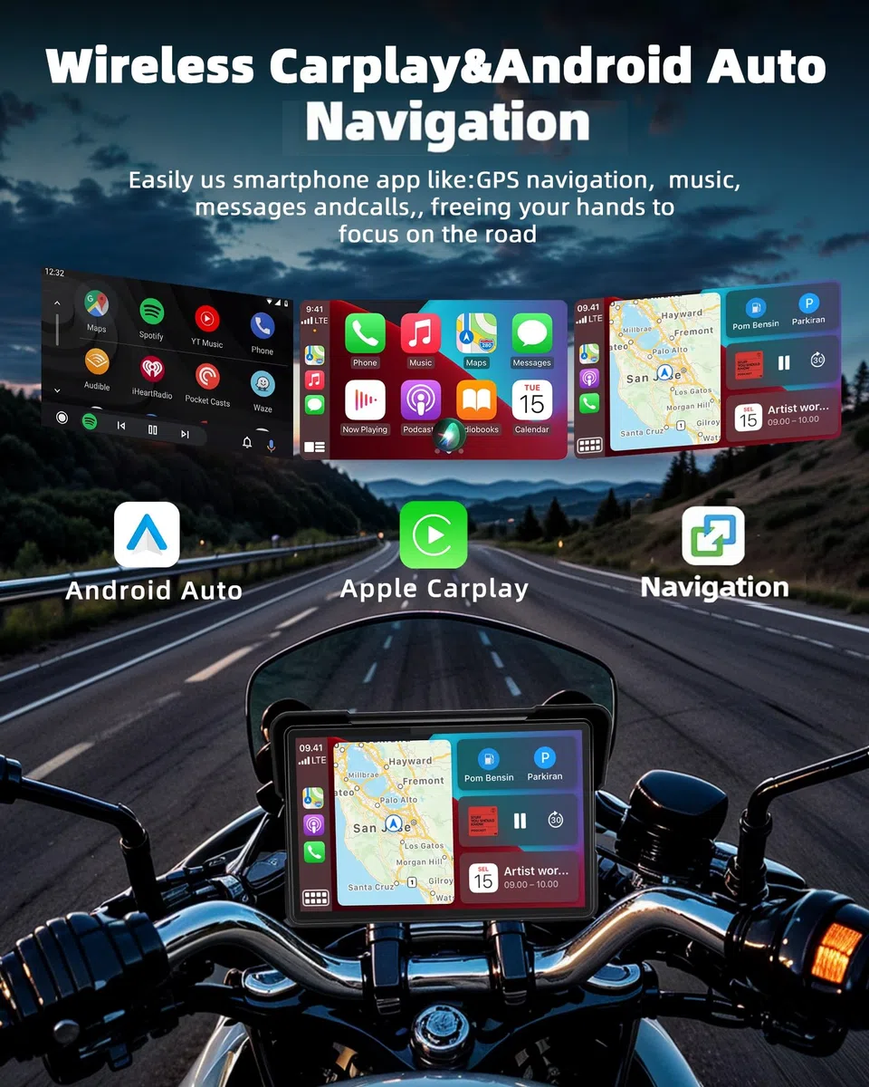 2026 Jansite 7 Zoll Motorrad Carplay Android Auto, 2,5D IPS Motorrad Display IP67 Wasserdichter Navigationsgeräte Für Motorräder mit Dual-Bluetooth, Siri/G-oogle Assistant
