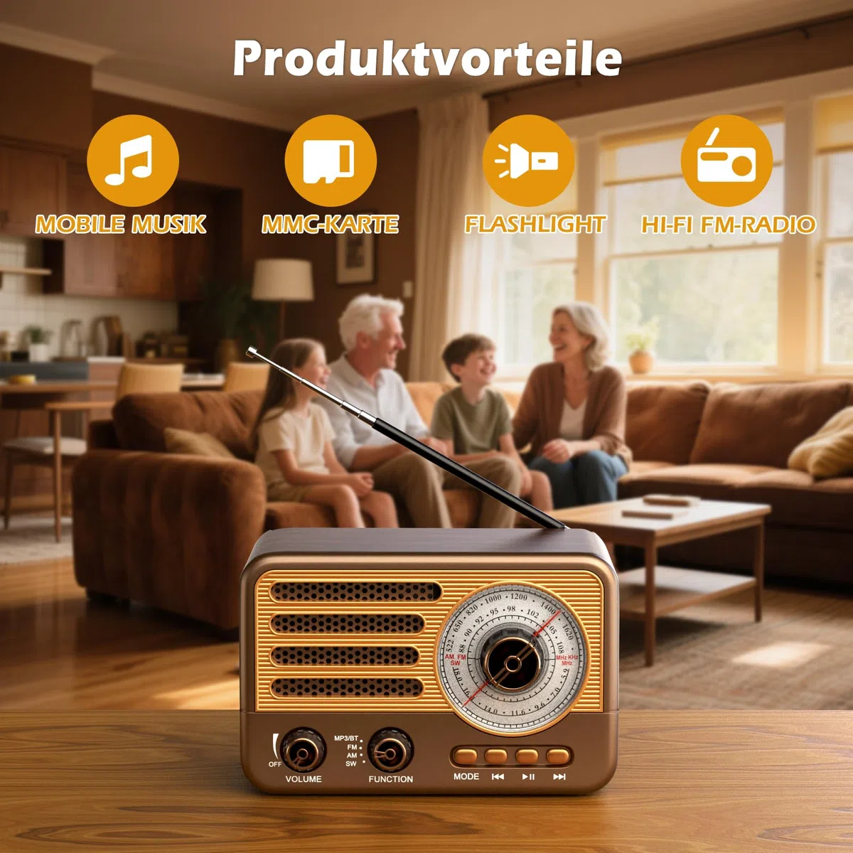 Vintage-Transistorradio – Retro-Stil mit moderner Reichweite, tragbar, AM/FM/SW, mit USB/TF/Aux-MP3-Wiedergabe und wiederaufladbarem 1800-mAh-Akku