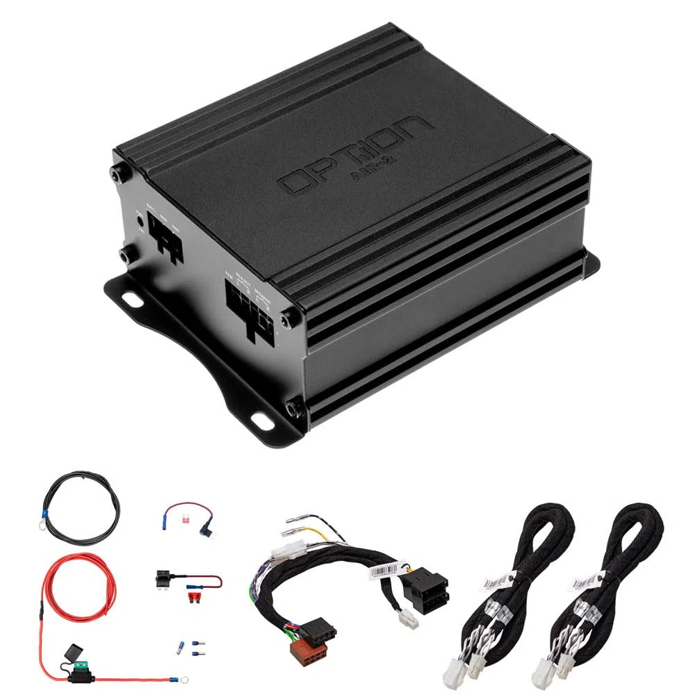 OPTION AIR-2 Verstärker inkl. ISO-Kit - Mini Verstärker mit Plug & Play-Installation für alle Fahrzeuge mit ISO-Anschluss