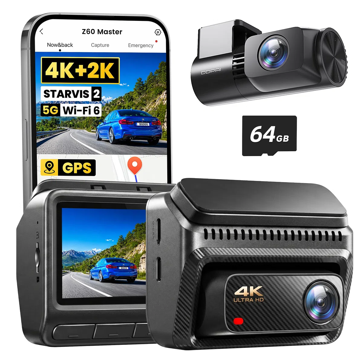 DDPAI Z60 Master, 4K+2K Dashcam Auto Vorne Hinten, STARVIS2 IMX678, Dual HDR Dash Cam, Gratis 64GB Karte, 5G WiFi6, 2K/60FPS, GPS, 3" IPS, AI ISP Night Vision, 24 Stunden Parkmodus, ADAS, 4G Verfügbar