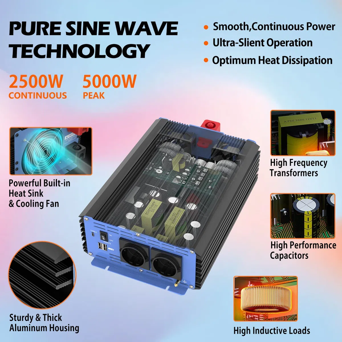 Wechselrichter 12v auf 230v Reiner Sinus Wechselrichter 2500w mit Fernbedienung, 2 EU-Steckdosen, USB-Anschlüsse, Typ-C-Anschluss, LCD-Anzeige für Auto, Wohnwagen, Boot, Camping