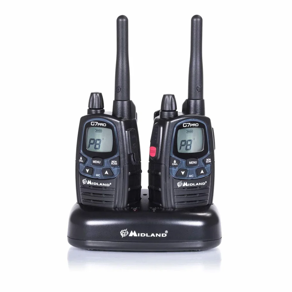 Midland G7 Pro PMR+LPD-Funkgerät C1090.06 Robustes Gerät für die Professionelle oder Private Nutzung, mit LCD-Display, inklusive Doppelstandlader und Gürtelclips, 2 Stück im Set