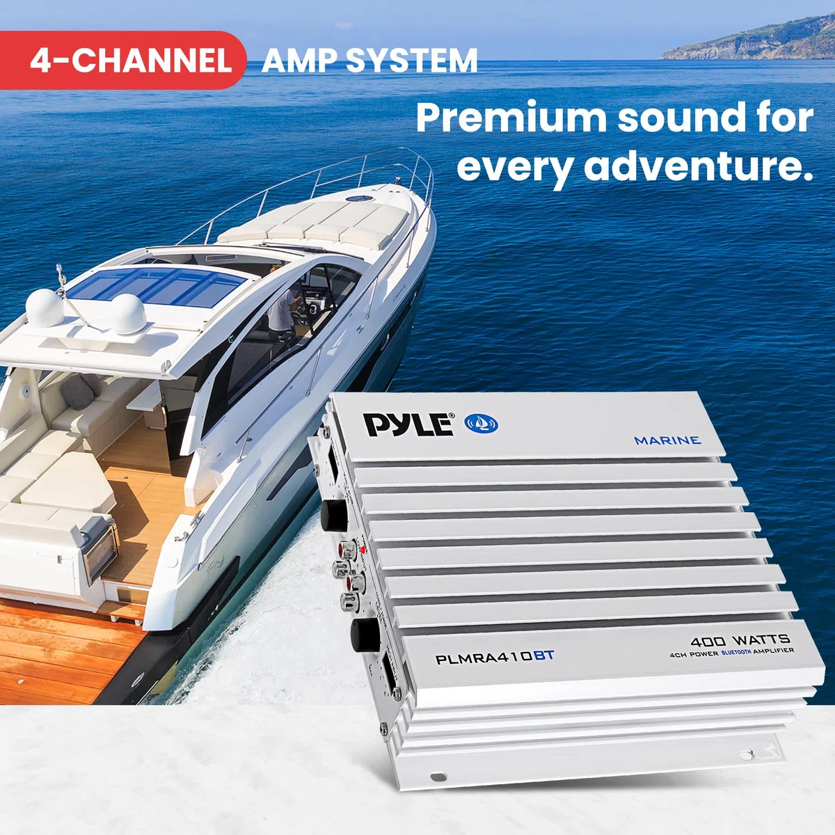 Pyle 2.1 Bluetooth Marine-Verstärker-Empfänger - Wasserdichter 4-Kanal-Audio-Jumperverstärker für Stereolautsprecher mit 400 W Dual-MOSFET-Leistung - PLMRA410BT