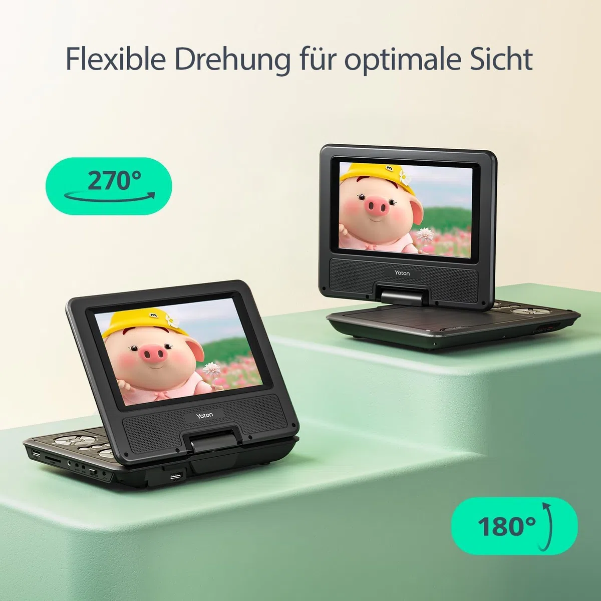 9.5" Tragbarer DVD Player mit 7.5" HD Schwenkbildschirm für Auto und Kinder, 4-6 Stunden Betriebszeit mit eingebautem Akku, Unterstützung für Kopfhörer/AV-IN/AV-Out/USB [Kein Blu-ray Support]