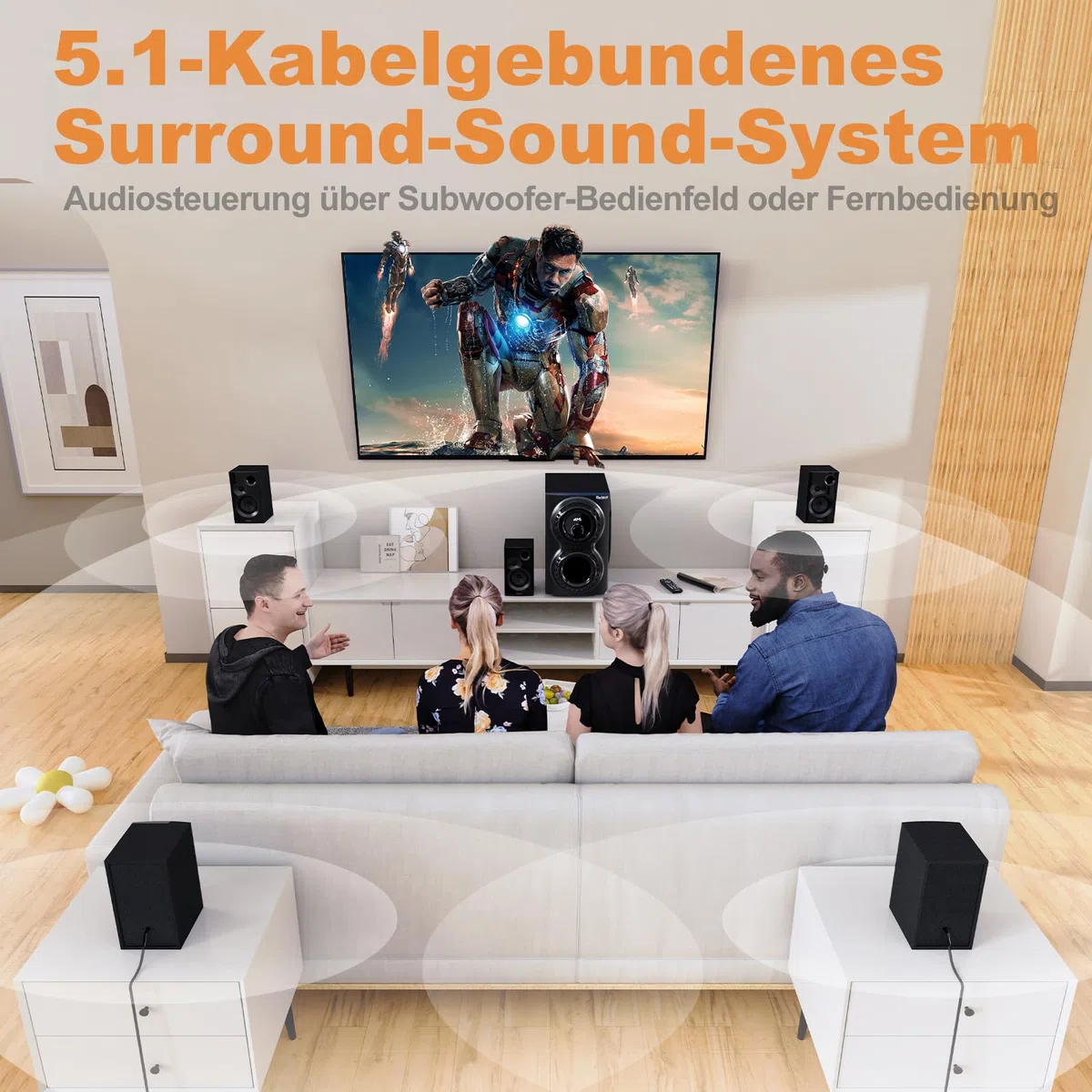 Bobtot 5.1 Soundsystem mit 1400 Watt Spitzenleistung heimkino Soundsystem mit 12-Zoll-Subwoofer, kräftigem Bass und kabelgebundenem Surround Sound System mit ARC, optischem Bluetooth-Eingang für TV