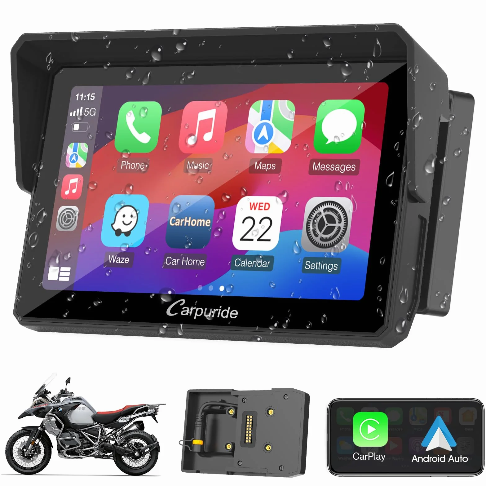 Carpuride W502B Motorrad-Carplay-Bildschirm für BMW R1200GS R1250GS S1000XR Motorrad, 5 Zoll Wasserdichter Touchscreen, Tragbare Carplay/Android Auto,GPS-Navigation, Dual Bluetooth