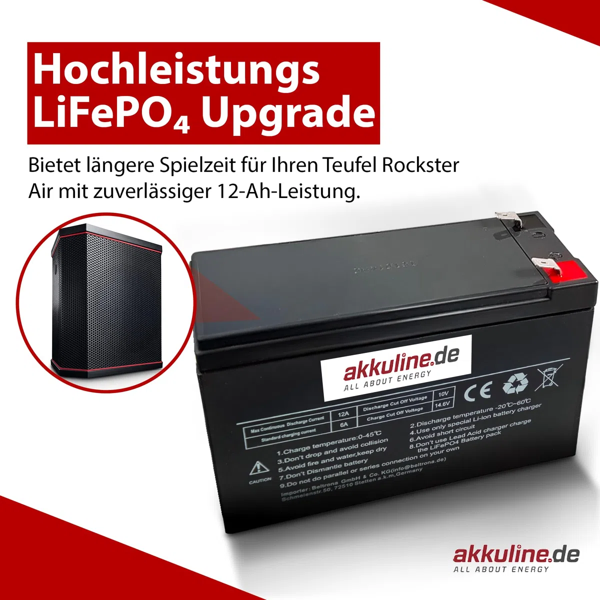 Ersatzakku kompatibel mit Teufel ROCKSTER AIR – auslaufsicher & wartungsfrei, LiFePO4, 12V 9Ah