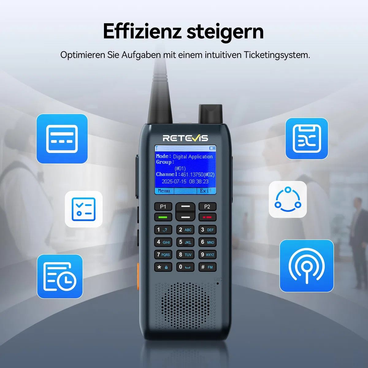 Retevis MateTalk C63 Funkgerät mit Headset, Jobticket-System-Vibrationsalarm/SMS-Funktion, 1,77-Zoll-LCD, 2200 mAh, 3 Anrufmodi, Schlankes Walkie Talkie 4er Set für Einkaufszentren (4er-Pack) | Einkaufszentren, SMS-Funktion, Vibrationsalarm, Gruppenanruf,