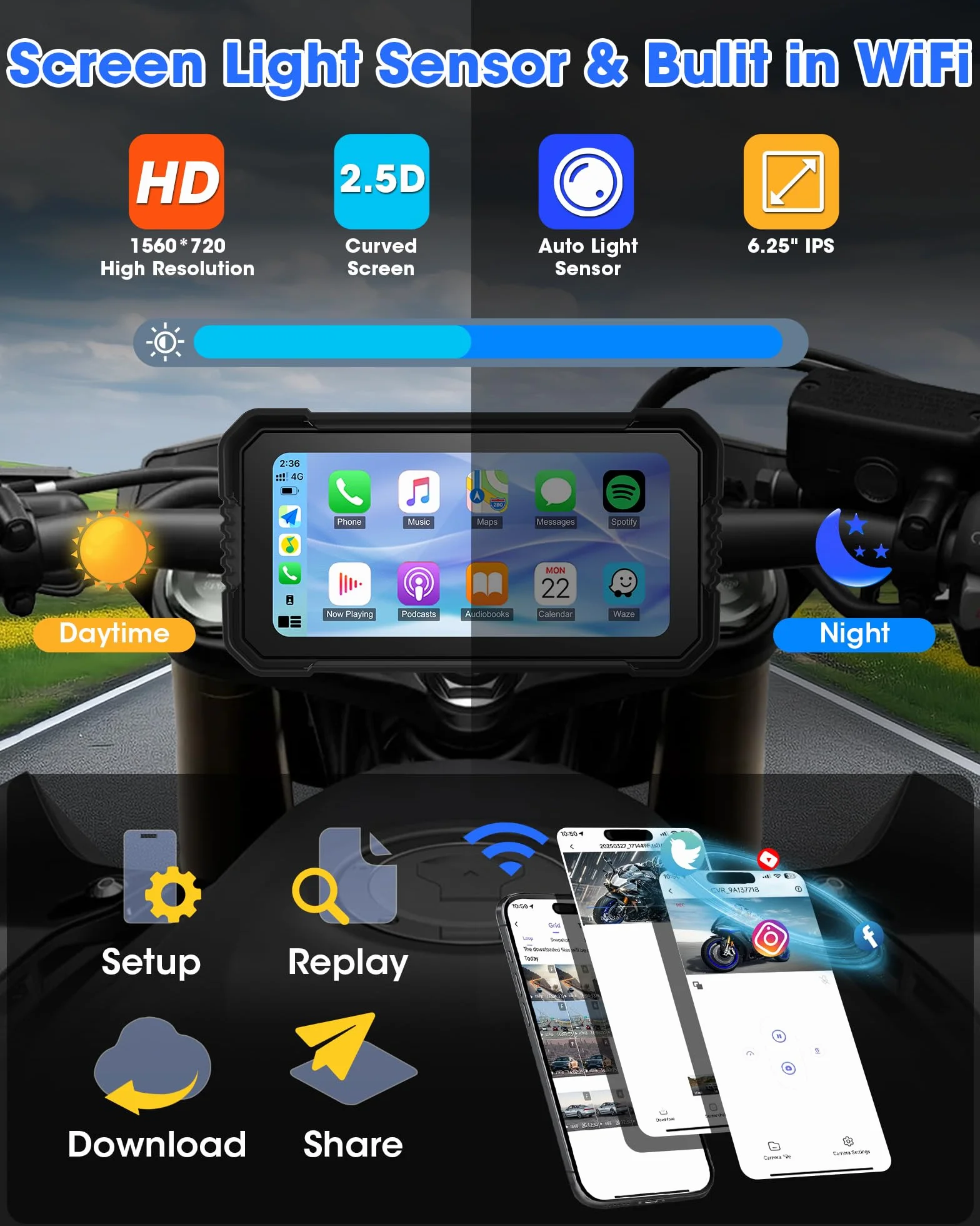 4K Motorrad Carplay Android Auto 6,25 Zoll Motorrad Display mit Dashcam Moto.rrad Navigationsgeräte für Motorräder mit Siri/G-oogle Assistant, Dual-Bluetooth, 64G TF-Karte, Fernbedienung