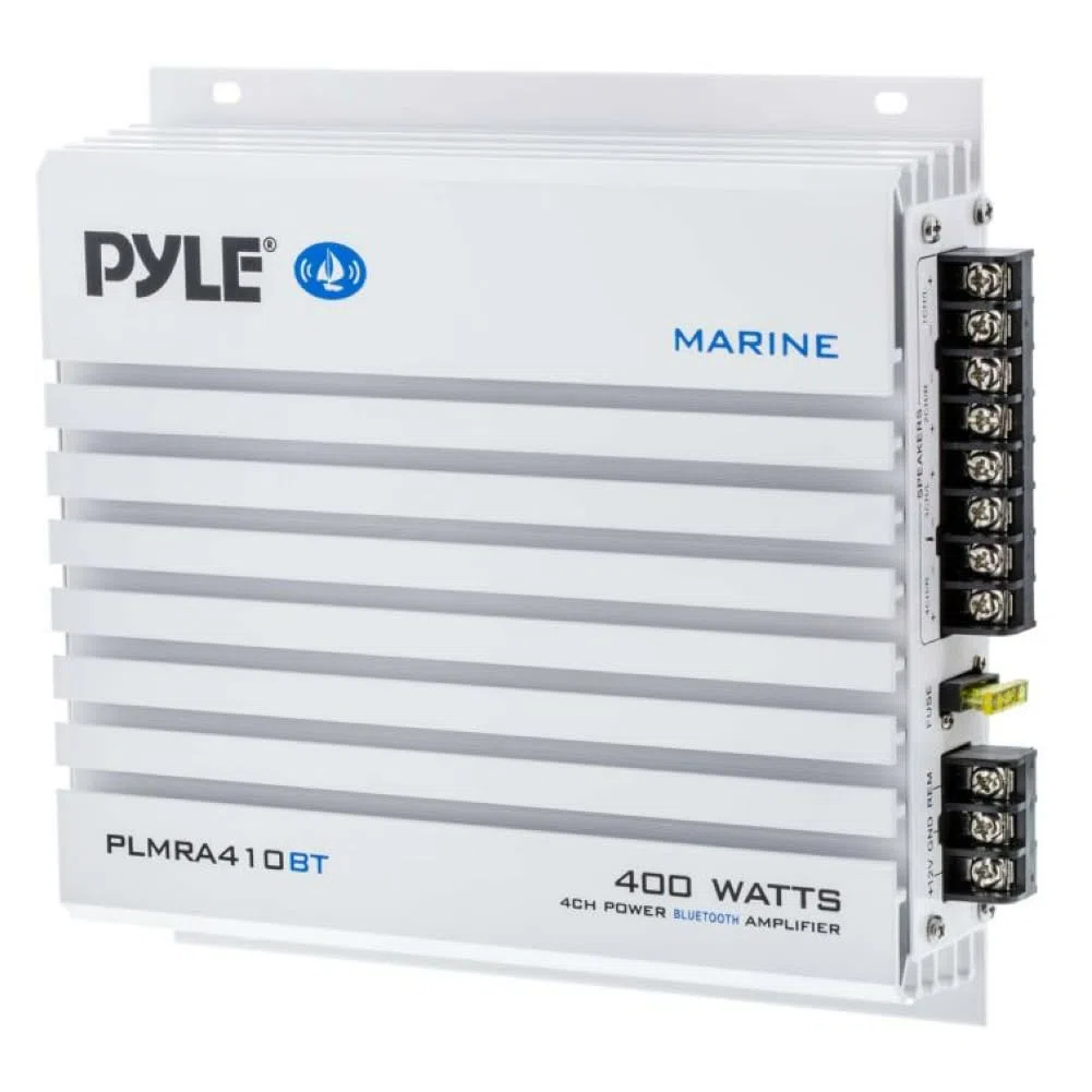KIT SET FÜR PYLE PLMRA410BT 1 4-Kanal Marine-Verstärker, Klasse AB, 4 x 100 Watt max, wasserdicht, Bluetooth 2.1-Konnektivität, für Schwimmbäder, Boote, Boote, 1 Stück + kostenlose Kabel