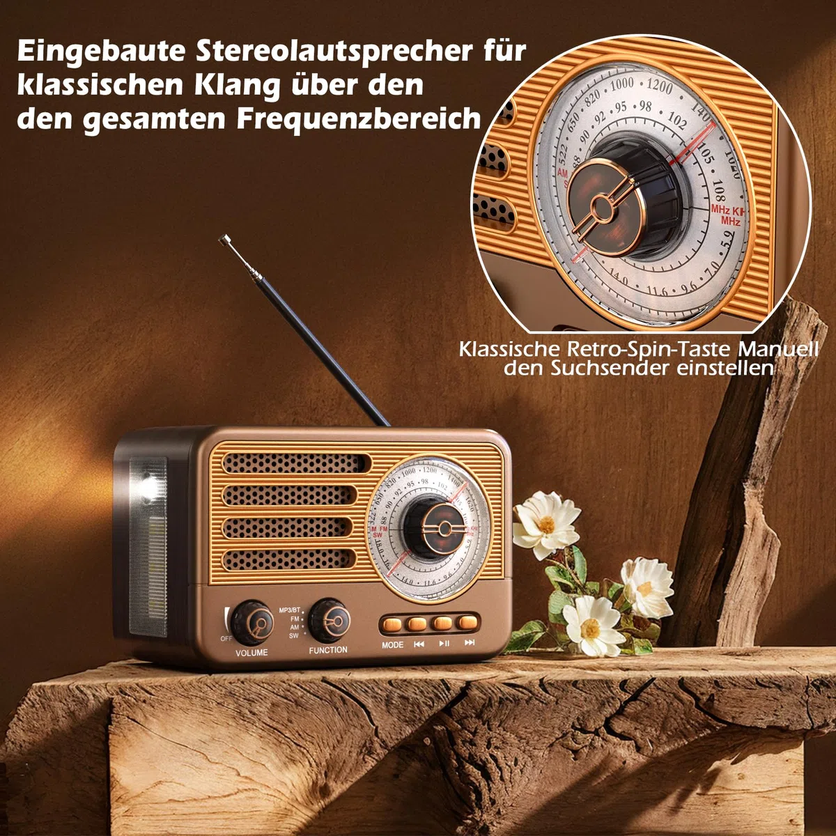Vintage-Transistorradio – Retro-Stil mit moderner Reichweite, tragbar, AM/FM/SW, mit USB/TF/Aux-MP3-Wiedergabe und wiederaufladbarem 1800-mAh-Akku