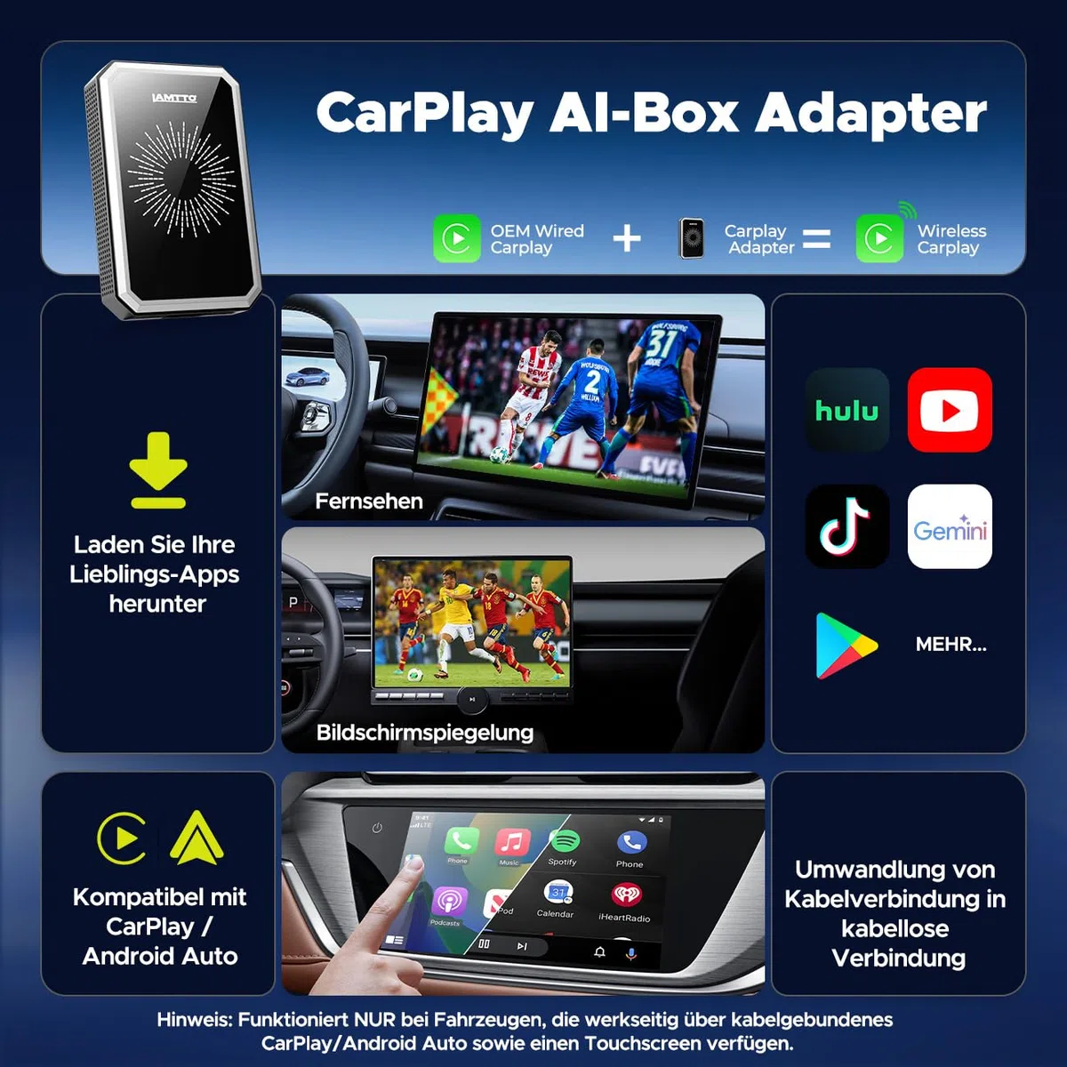 LAMTTO Wireless CarPlay Adapter AI Box mit Google Play App-Download & Gemini AI für CarPlay & Android Auto Dual-Band WLAN Bluetooth HDMI Output USB Media Playback AirPlay OTA Adapter Auto 4 IN 1
