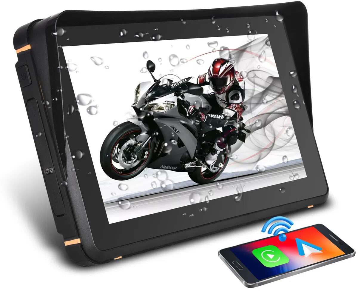 Kabelloser CarPlay für Motorrad, Tragbares Android Auto für Motorräder, 7 Zoll Motorrad GPS Navigation mit IP67 Wasserdichter, Duales Bluetooth/Sprachsteuerung/Navigation/FM/Mirror-Link