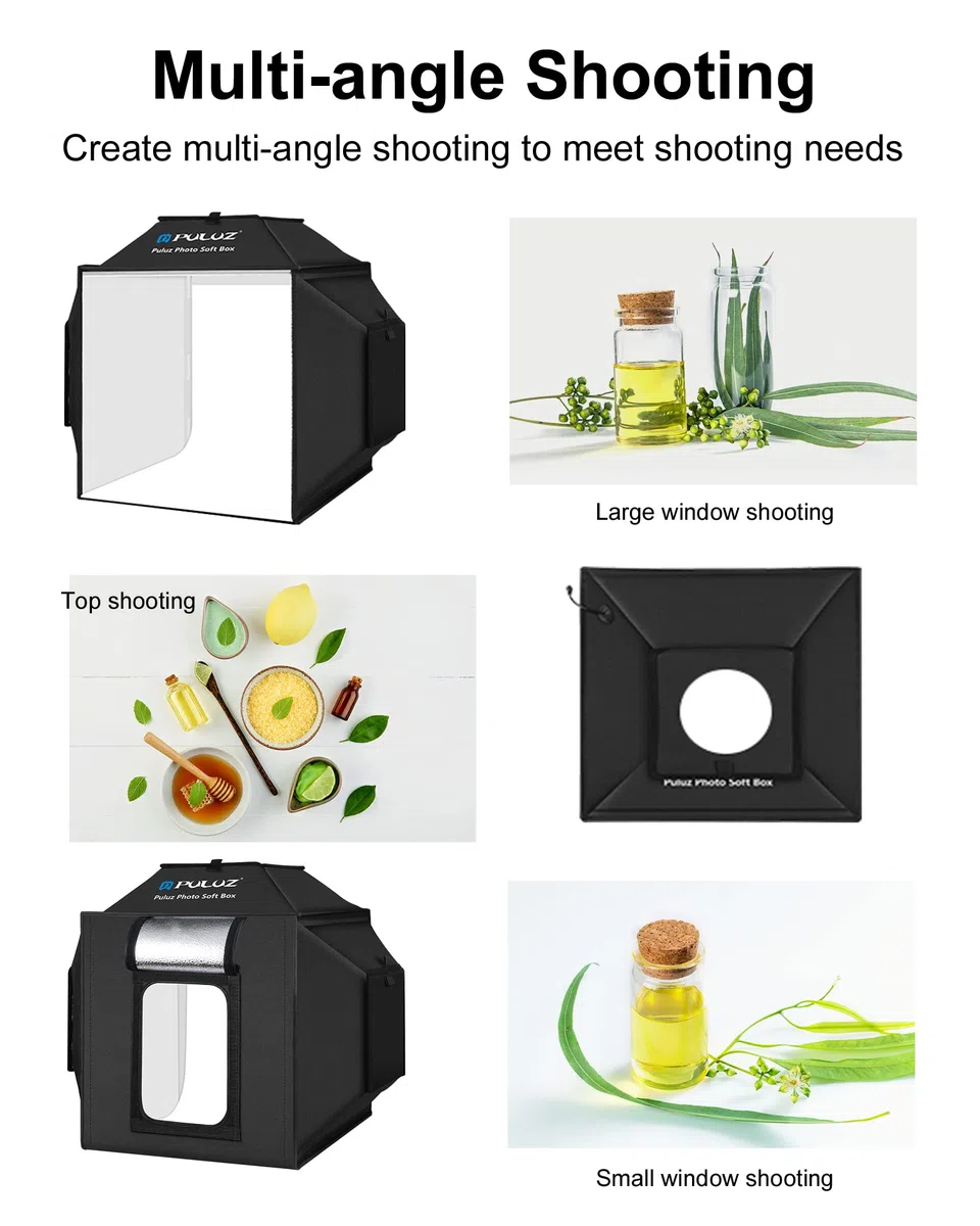 Fotobox & Softbox, PULUZ 40x40cm Fotostudio Set für produktfotografie, Faltbare Foto Lichtbox Fotografie Lichtzelt-Kit 5500K 480pcs LED-Beleuchtung mit 4 Farben PVC-Hintergrund