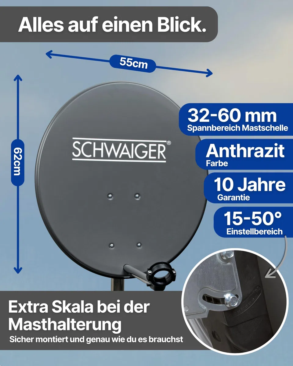 SCHWAIGER Satellitenschüssel Komplettset I Ø 60 cm Stahl Offset Antenne in Anthrazit I Inkl. sonnengeschütztes Single LNB 1-Fach I Digital HD Empfang I Integrierte Kabelführung & wetterfest