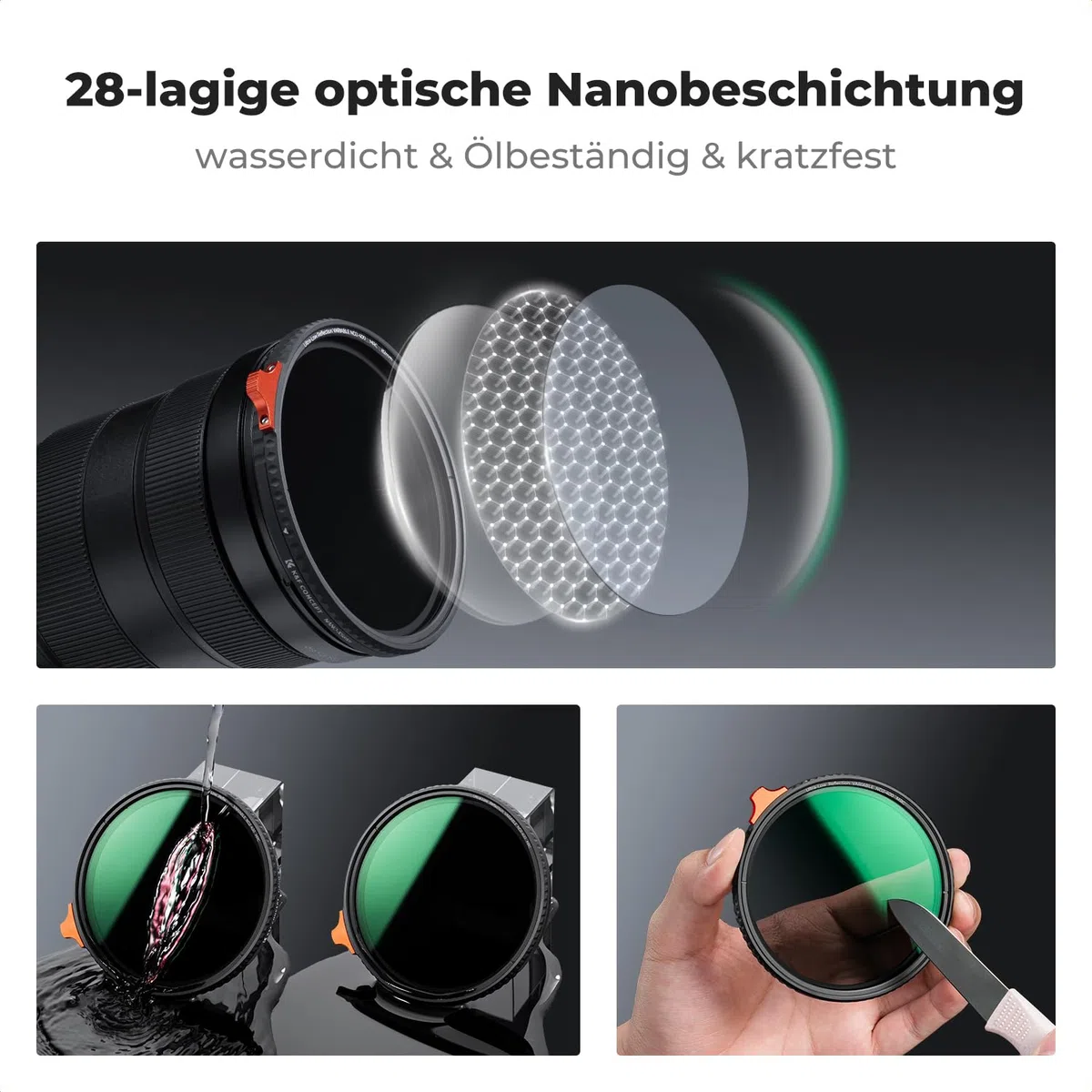 K&F CONCEPT Ultra-niedrige Reflexion ND Filter 67mm Variabler ND2-400 Graufilter (1-9 Blendenstufen)(Nano Xcel)