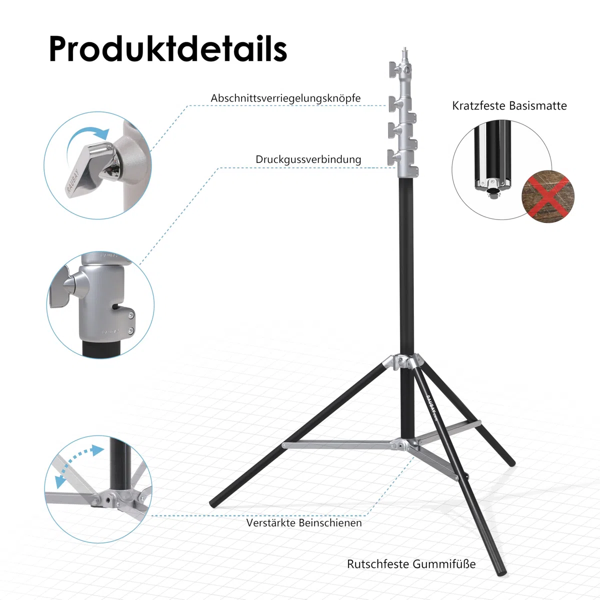 RAUBAY 3 m Robustes Lampenstativ, Luftfederung, Silber, LT30-RS | Aluminium-Fotostativ mit 1/4- und 3/8-Zoll-Anschlüssen für Softboxen, Studioleuchten, Video und Fotografie