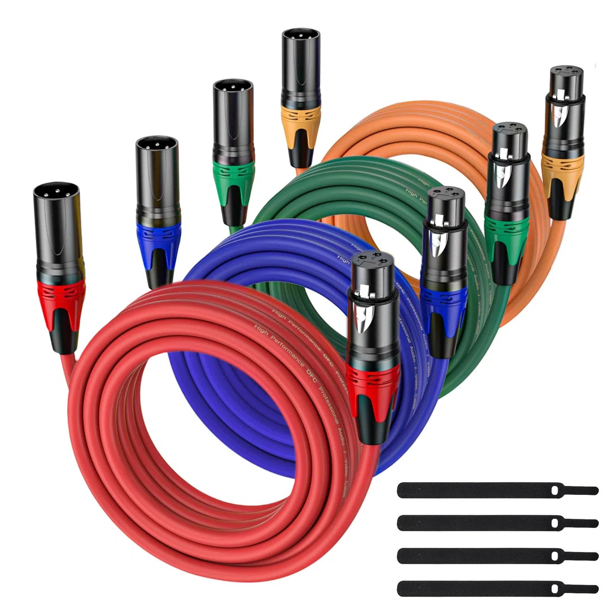 XLR-Kabel, 7,6 m, 4 Stück, symmetrisches Premium-Mikrofonkabel mit 3-poligem XLR-Stecker auf Buchse, Mikrofon-Lautsprecherkabel, 4 Farben (rot, orange, grün, blau), reines Kupfer und