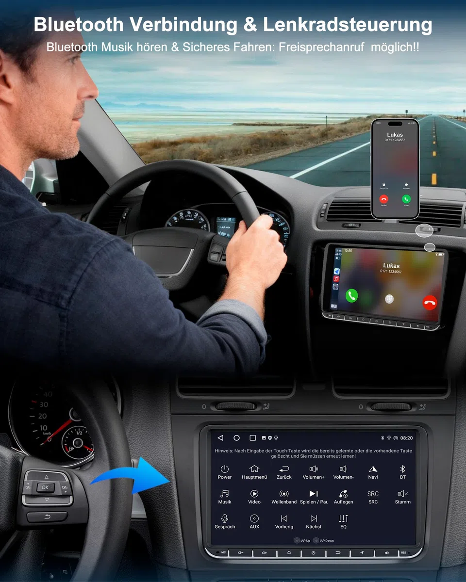 VW Autoradio mit Bildschirm 2+64GB für Golf 5 6 Polo T5 Passat Touran Seat Skoda, 2Din Bluetooth Auto Radio mit Navi DAB WLAN FM/AM, Apple Carplay, Android Auto, Lenkrad Strg,Android 14 (9 Zoll)