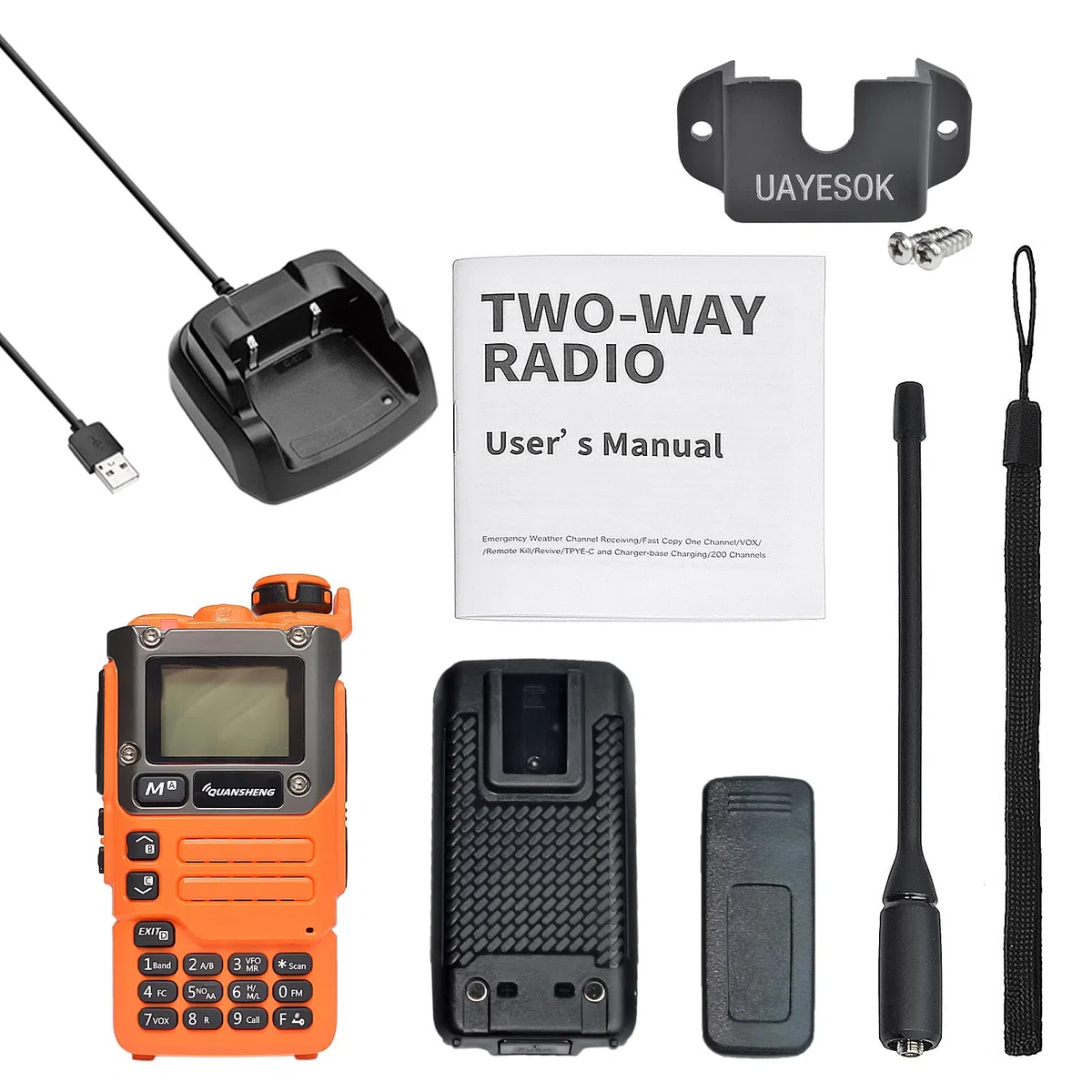 QUANSHENG UV-K6 Funkgerät 5W Walkie Talkie großer Reichweite Wiederaufladbare Handfunkgerät für Erwachsene Polizei Radio mit FM, NOAA, Typ-C Ladung, 200 Kanäle (UA-K6 mit Halterung)