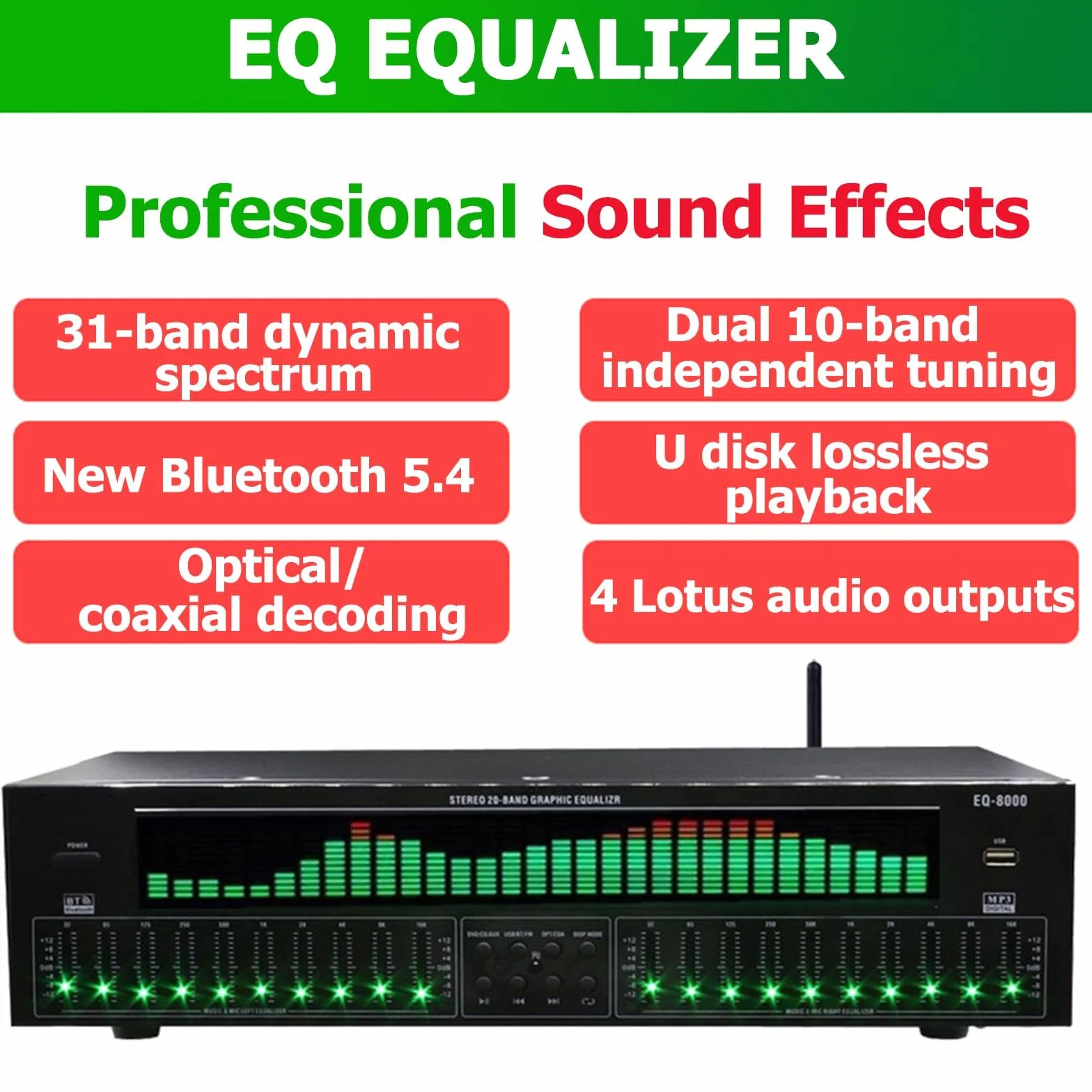 Professioneller Grafischer Equalizer HiFi, 31-Band-Digital-Equalizer, Bluetooth 5.4 Optische Koaxiale Digitale Audio-Decodierung, Doppelte 10-Band-unabhängige Abstimmung, Für Zuhause, Studio