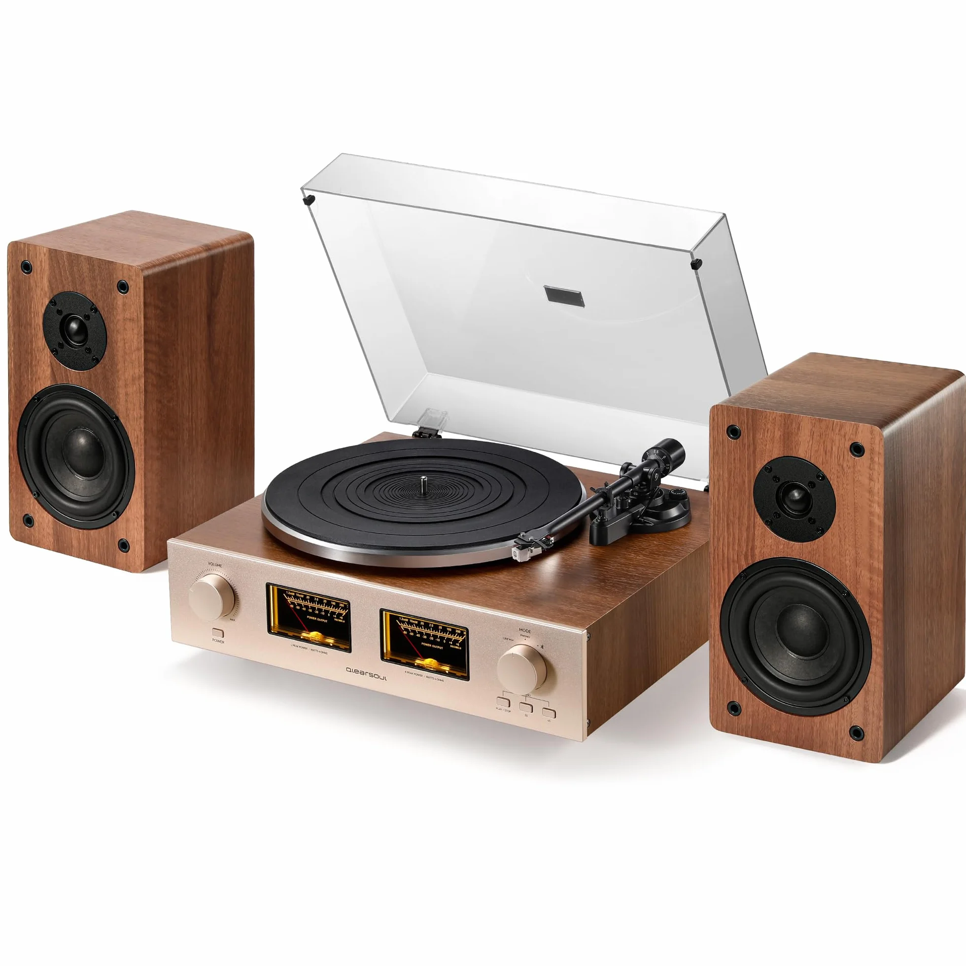 Qlearsoul HiFire X Plattenspieler mit Lautsprechern, Audiophiles HiFi-Turntable-System mit 100W-Regallautsprechern, VU-Meter, DSP-Vorverstärker, 33/45 RPM, RCA LINE IN/Out