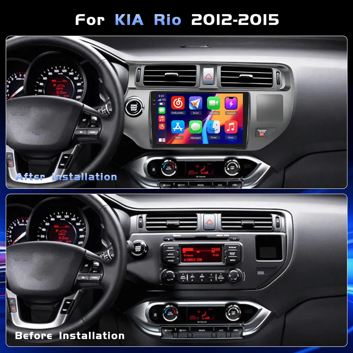 4+64G Android Autoradio mit Bildschirm für KIA Rio 2012-2015 Wireless Carplay, Autoradio mit Navi 9 Zoll Incell Bildschirm Android Auto/FM/RDS/Rückfahrkam