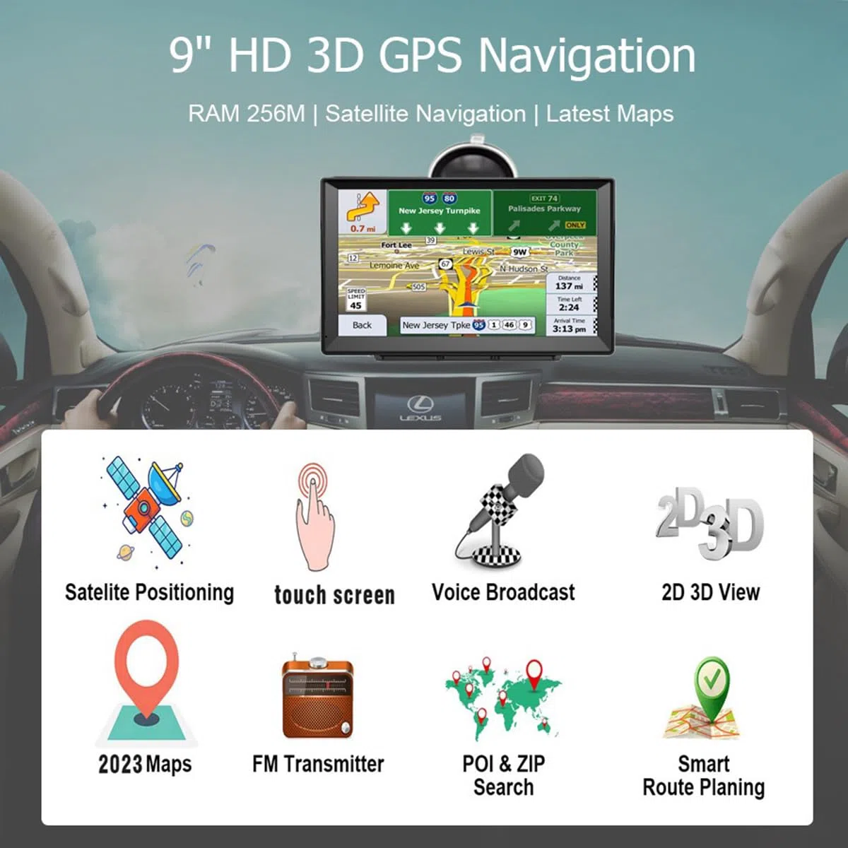 22,9 cm (9 Zoll) GPS-Navigator für Auto, Neueste 2026 Karte, Touchscreen, GPS-Navigationssystem, LKW, GPS, Sprachführung und Radarkamera-Warnung, GPS, Spurführung, lebenslange Live-Karten-Updates