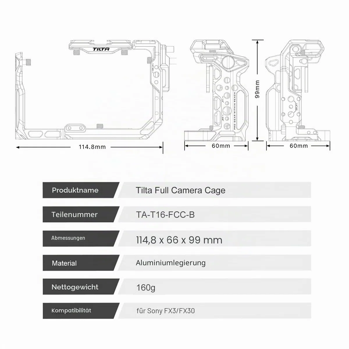 Tilta Full Camera Cage for FX3/FX30 V2 | Top Plate NATO Rail, Cold Shoe, 1/10.2 cm-20 and 3/20.3 cm-16 | Thumb Screw Design | Black