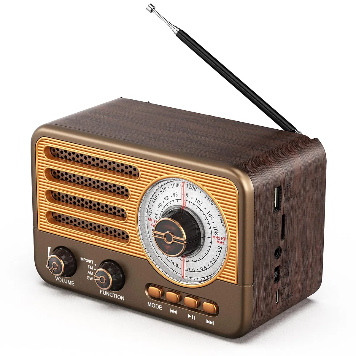 Vintage-Transistorradio – Retro-Stil mit moderner Reichweite, tragbar, AM/FM/SW, mit USB/TF/Aux-MP3-Wiedergabe und wiederaufladbarem 1800-mAh-Akku