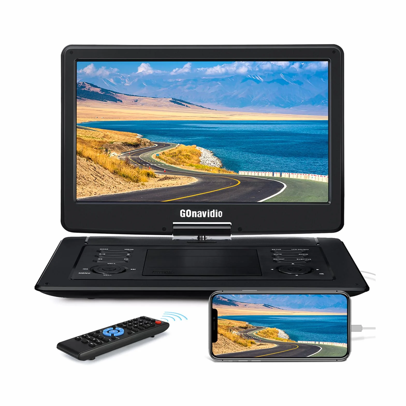 GOnavidio Tragbarer DVD-Player mit 40,6 cm (18 Zoll) großem Bildschirm, eingebauter 5H-Akku, 1600 x 900 hohe Auflösung, unterstützt HDMI-Eingang, Synchronisationsbildschirm, USB/TF, letzter Speicher