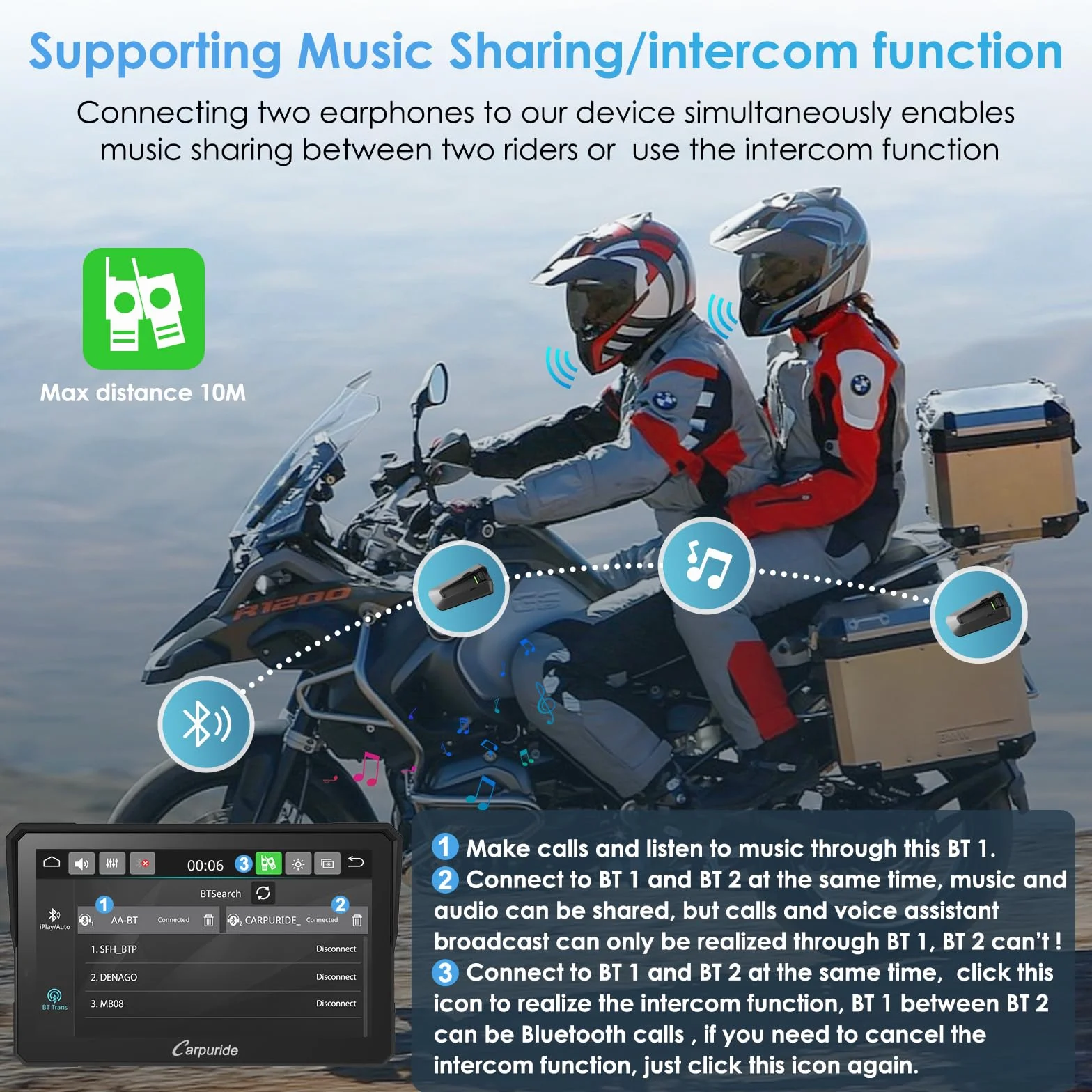 Carpuride W702B Pro Motorrad-Carplay-Bildschirm mit Halterung für BMW-Motorräder, Kabelloses CarPlay & Android Auto, 7 Zoll-Wasserdichter-Touchscreen, Dual-Bluetooth, Gegensprechfunktion, Navigation.