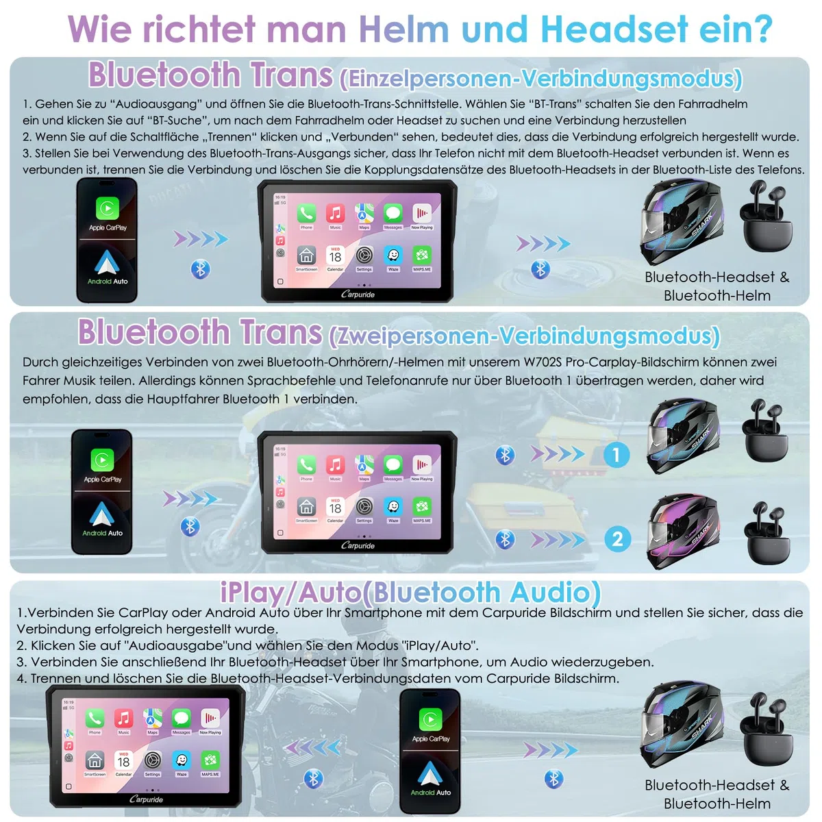 CARPURIDE W702RS Pro Motorrad Carplay Bildschirm mit Radar BSD und BM05 Halterung, Wireless CarPlay & Android Auto, 7 Zoll wasserdichter Touchscreen, Gegensprechfunktion, Dual Bluetooth