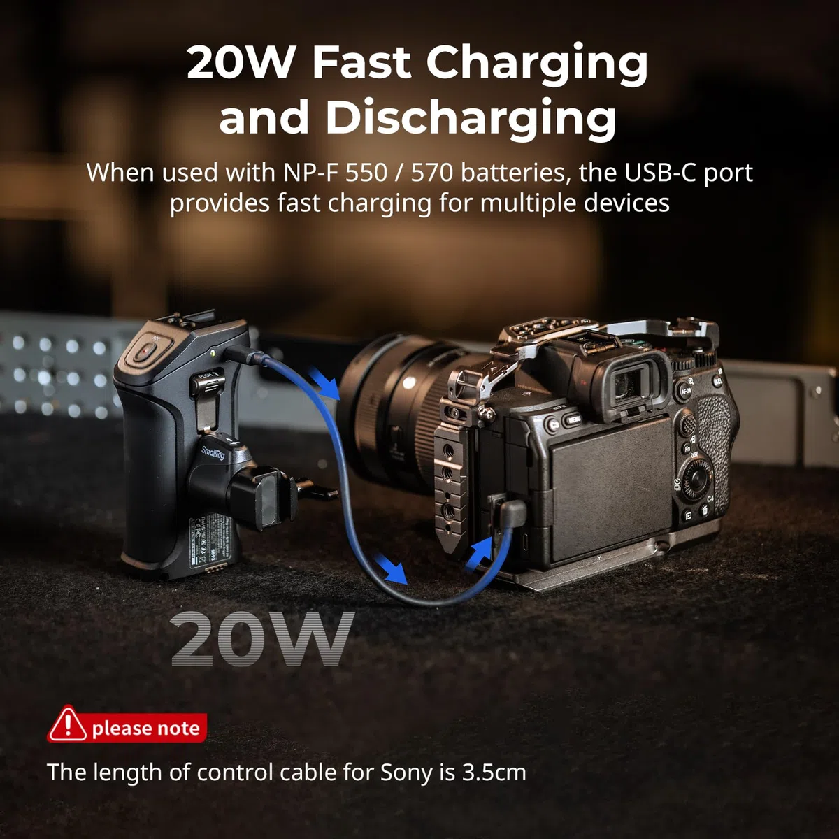 SMALLRIG Drehbarer Seitengriff mit Trigger Rec für ausgewählte spiegellose Kameras, für Sony Alpha 7 IV/Alpha 7R V / A7 III / FX3 / Alpha 9, Kompatibel mit F550/570-Akku, Verschlusssteuerung – 3893