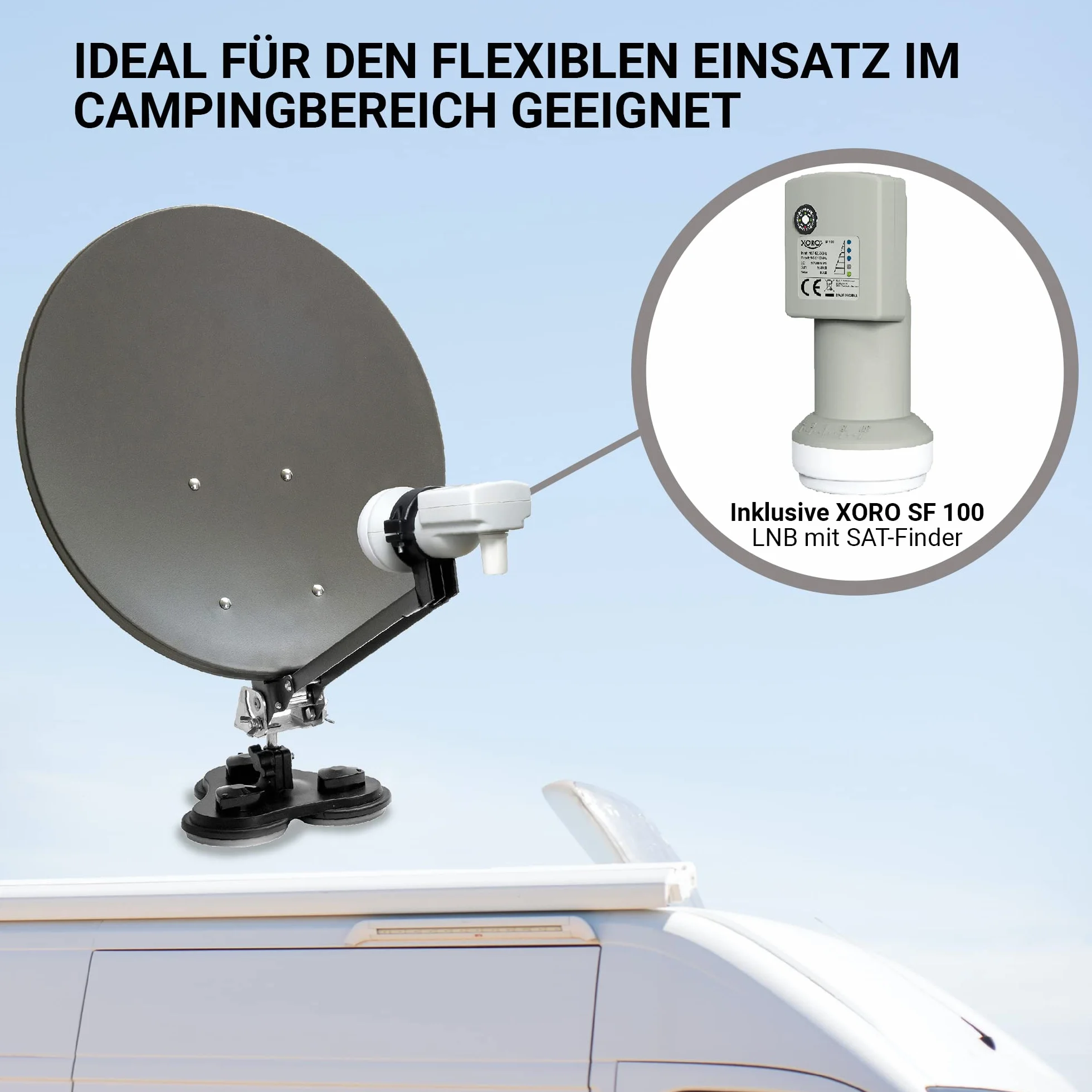 XORO 38,5 cm Camping Satellitenantenne MCA 38 HD Set, inkl. FullHD DVB-S2 Receiver, Single LNB mit integriertem Satfinder, 10m Kabel, Halterungen, im Hartschalenkoffer